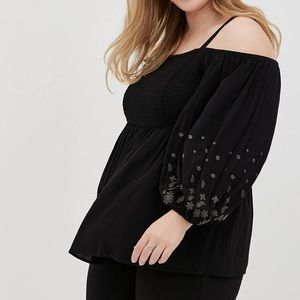 Torrid gauze embroidered smocked cold shoulder top